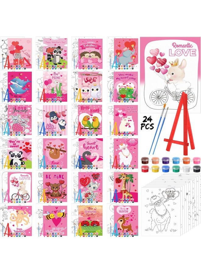 Blosssound 24 Pack Pre Drawn Canvas to Paint Pre Printed Canvas Painting Kits Bulk with Easel Paint Pots Brushes for Adult Sip Party Student Beginner Birthday DIY(Valentines Animals) - Image 1