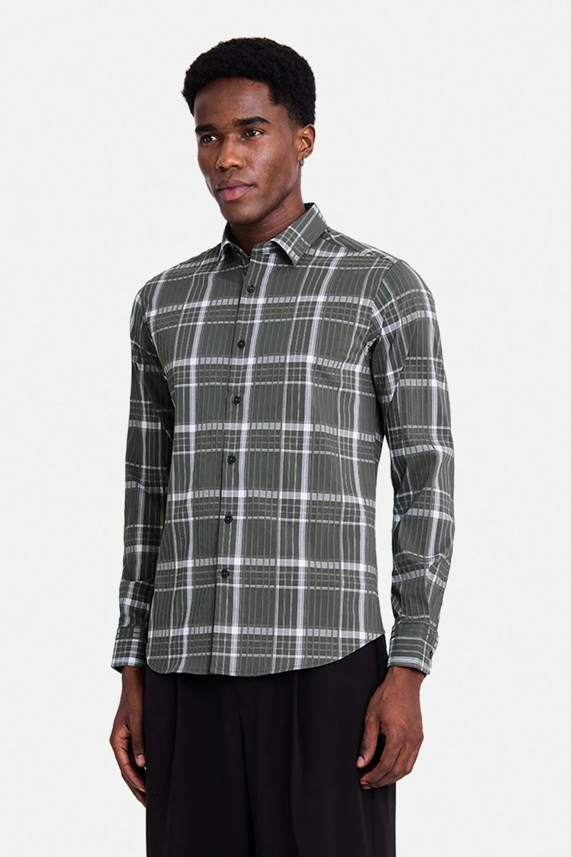 SNITCH Olive Checkered Long Sleeve Slim Fit Shirt