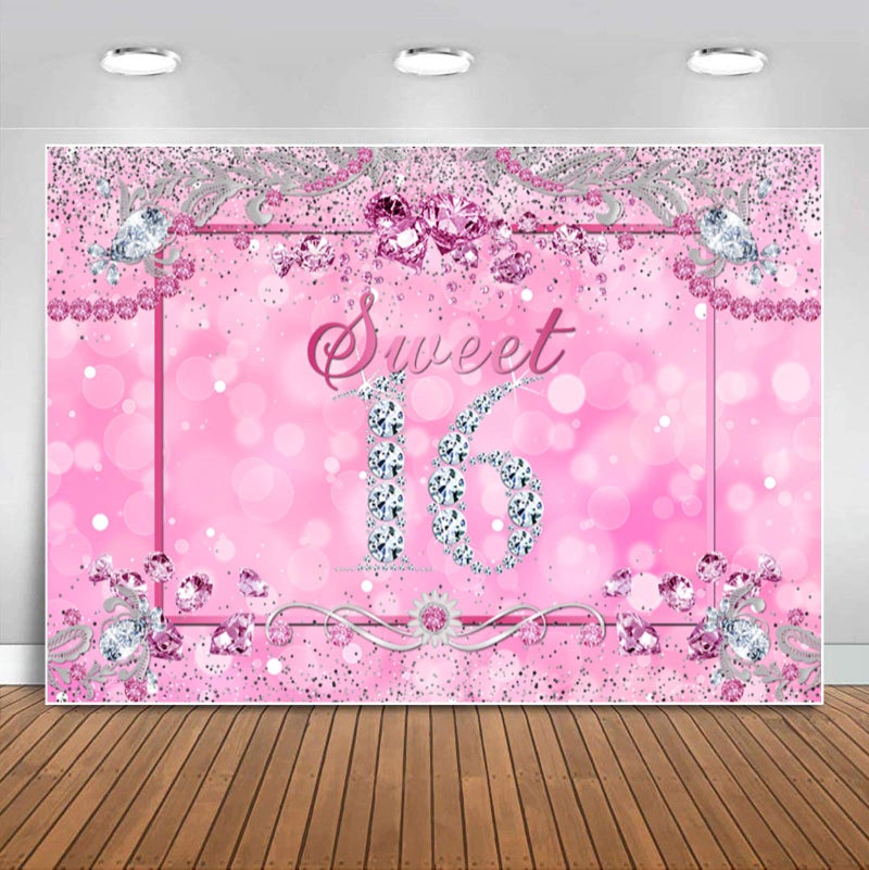 Sensfun Pink Bokeh Sweet 16 Backdrop for Girls Glitter Silver Purple Diamond 16th Birthday Photography Background Princess Sweet Sixteen Birthday Party Decoration Banner Photo Booth Backdrops 7x5ft
