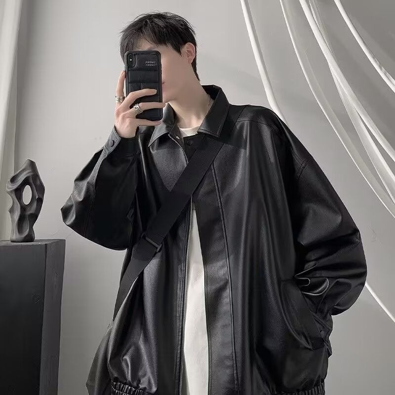 Mens Leather Clothing Puleather Jacket American Style Retro Spring and Autumn Loose Lapel Fashionable Ripple Handsome Couples Biker Jacket Brown - Image 2