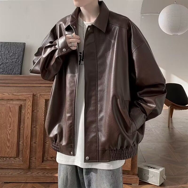 Mens Leather Clothing Puleather Jacket American Style Retro Spring and Autumn Loose Lapel Fashionable Ripple Handsome Couples Biker Jacket Brown - Image 1