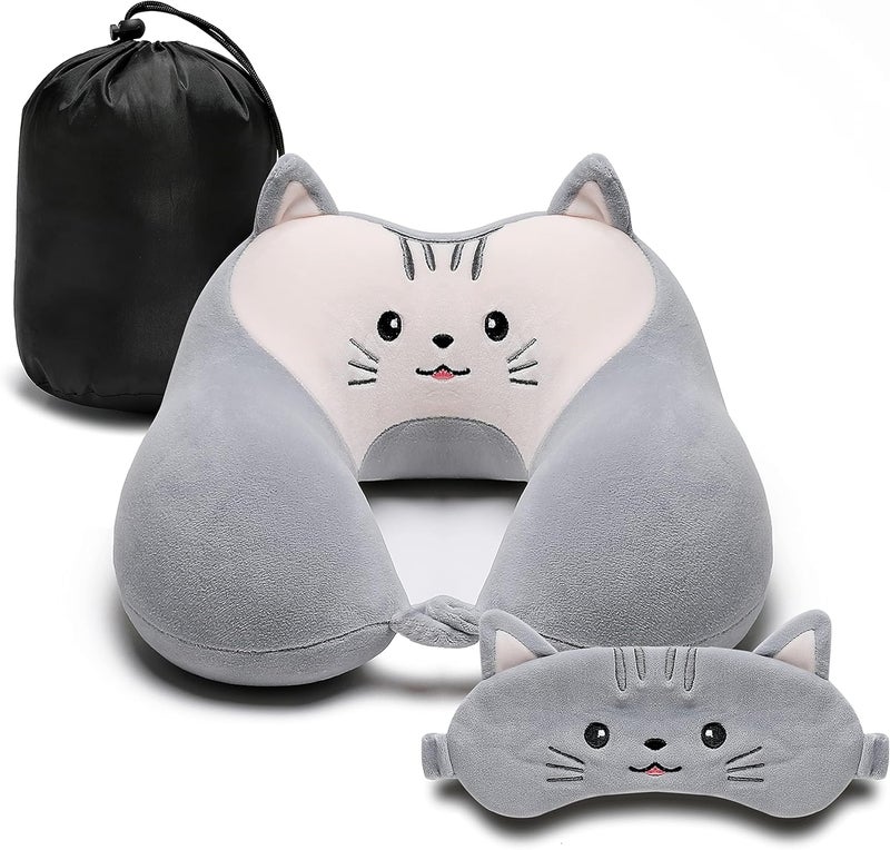 Travel Pillow for Kids and Adults, Cute Animal Memory Foam Neck Pillow with Soft Fleece Cover and Eye Mask Set, Airplane Pillow Travel Kit with Drawstring Organizer Bag, Machine Washable (Kitten) - Image 1