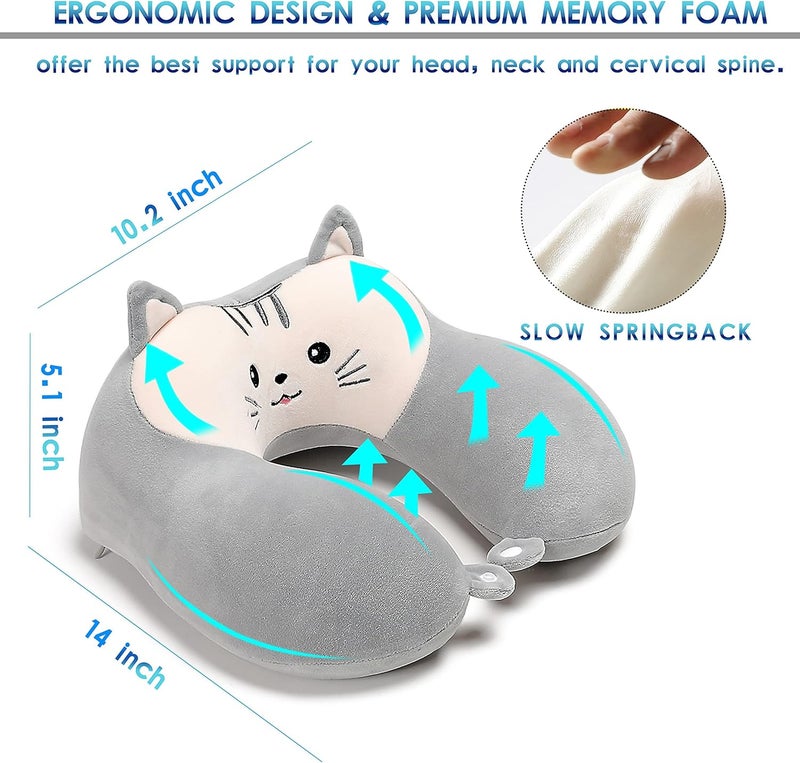 Travel Pillow for Kids and Adults, Cute Animal Memory Foam Neck Pillow with Soft Fleece Cover and Eye Mask Set, Airplane Pillow Travel Kit with Drawstring Organizer Bag, Machine Washable (Kitten) - Image 3