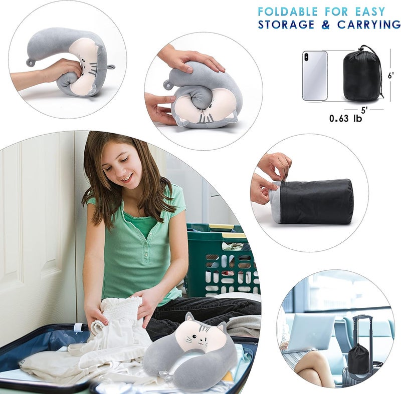Travel Pillow for Kids and Adults, Cute Animal Memory Foam Neck Pillow with Soft Fleece Cover and Eye Mask Set, Airplane Pillow Travel Kit with Drawstring Organizer Bag, Machine Washable (Kitten) - Image 5