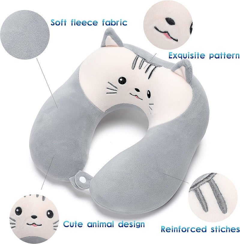 Travel Pillow for Kids and Adults, Cute Animal Memory Foam Neck Pillow with Soft Fleece Cover and Eye Mask Set, Airplane Pillow Travel Kit with Drawstring Organizer Bag, Machine Washable (Kitten) - Image 2