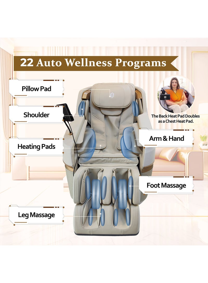 ZEITAKU كرسي مساج كامل الجسم الفاخر CHIRU مع وضعية انعدام الجاذبية، 22 برنامج صحة تلقائي، مساج توي نا بـ 8 نقاط، علاج مغناطيسي، انعكاسات القدم، تسخين ألياف الكربون، بلوتوث و تحكم باللمس LCD (بيج) - Image 4