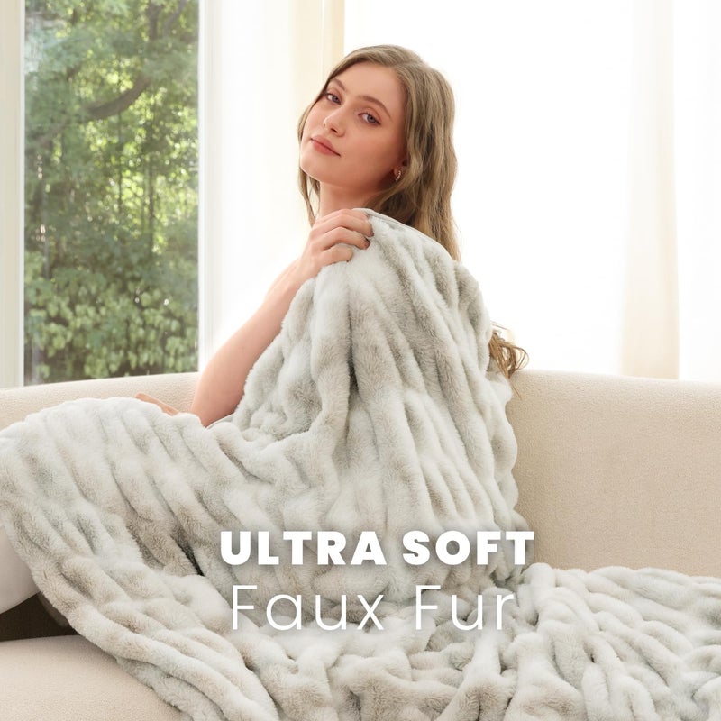 blunique Ultra Soft Faux Rabbit Fur Throw Blanket, Cozy Fuzzy Blanket for Couch Bed, Plush Warm Decor, Luxury Thick Fluffy Blanket for Women,50x60 inches, Tie-Dyed in White and Gray - Image 2
