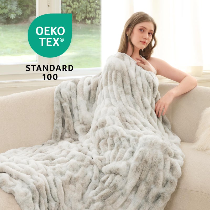 blunique Ultra Soft Faux Rabbit Fur Throw Blanket, Cozy Fuzzy Blanket for Couch Bed, Plush Warm Decor, Luxury Thick Fluffy Blanket for Women,50x60 inches, Tie-Dyed in White and Gray - Image 3