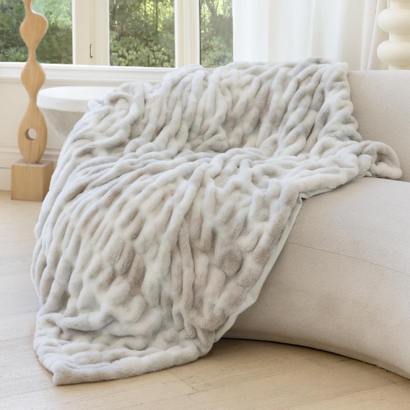 blunique Ultra Soft Faux Rabbit Fur Throw Blanket, Cozy Fuzzy Blanket for Couch Bed, Plush Warm Decor, Luxury Thick Fluffy Blanket for Women,50x60 inches, Tie-Dyed in White and Gray - Image 1