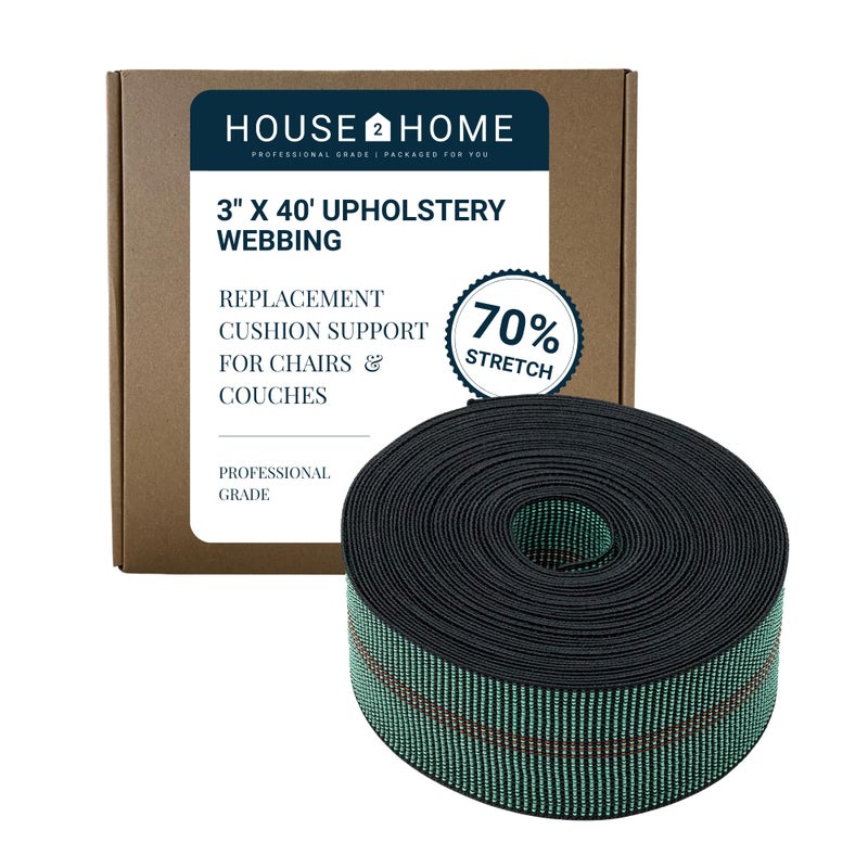 House2Home Webbing for Lawn Chairs and Furniture Upholstery Webbing to Repair Couch Supports for Sagging Cushions 3 Inch Wide by 40 Foot Roll 70 Stretch Elastic Chair Webbing Replacement