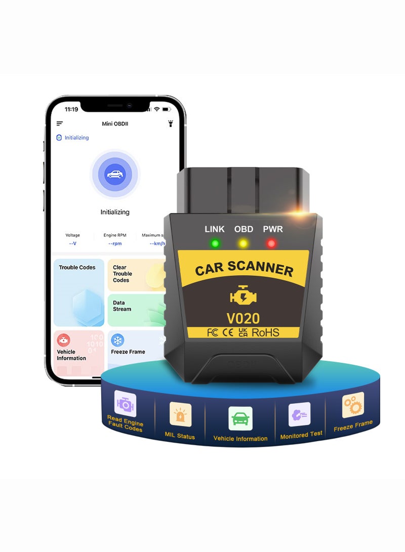 OBD2 Scanner Bluetooth for iPhone iOS Android OBDII Diagnostic Scan Tool Code Reader Clear Error Code Car Performance Test Exclusive APP - Image 1