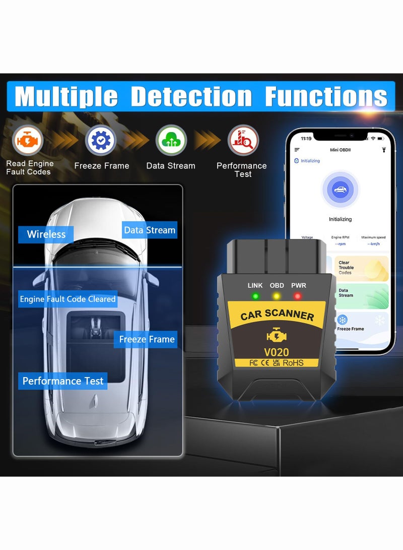 OBD2 Scanner Bluetooth for iPhone iOS Android OBDII Diagnostic Scan Tool Code Reader Clear Error Code Car Performance Test Exclusive APP - Image 3