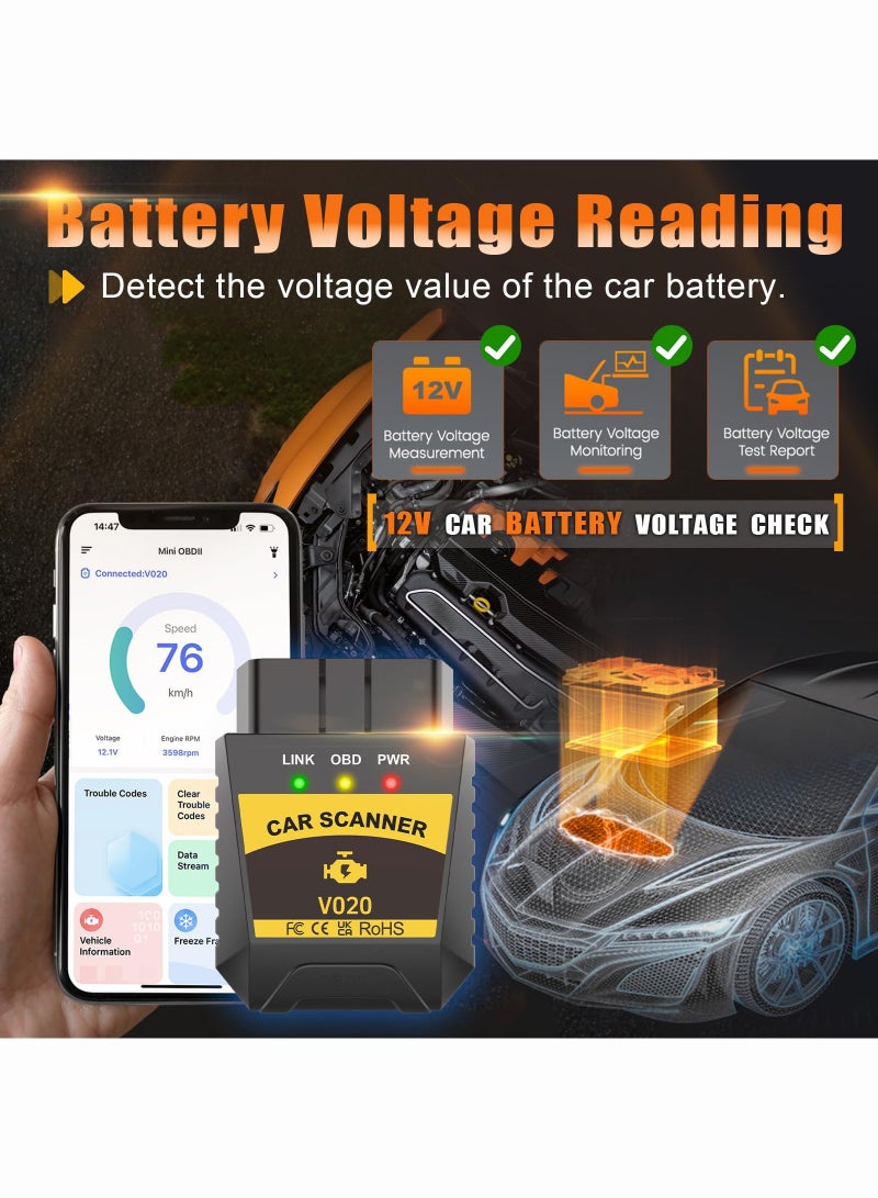 OBD2 Scanner Bluetooth for iPhone iOS Android OBDII Diagnostic Scan Tool Code Reader Clear Error Code Car Performance Test Exclusive APP - Image 5