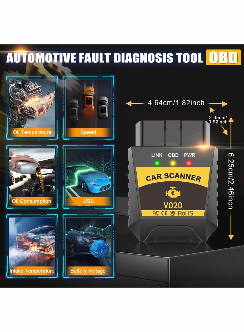 OBD2 Scanner Bluetooth for iPhone iOS Android OBDII Diagnostic Scan Tool Code Reader Clear Error Code Car Performance Test Exclusive APP - Image 2