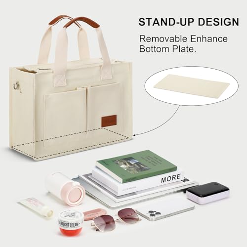 KKXIU Large Canvas Tote Bag for Women with Zipper and Compartments Crossbody Bag With Pockets - Beige - Image 4