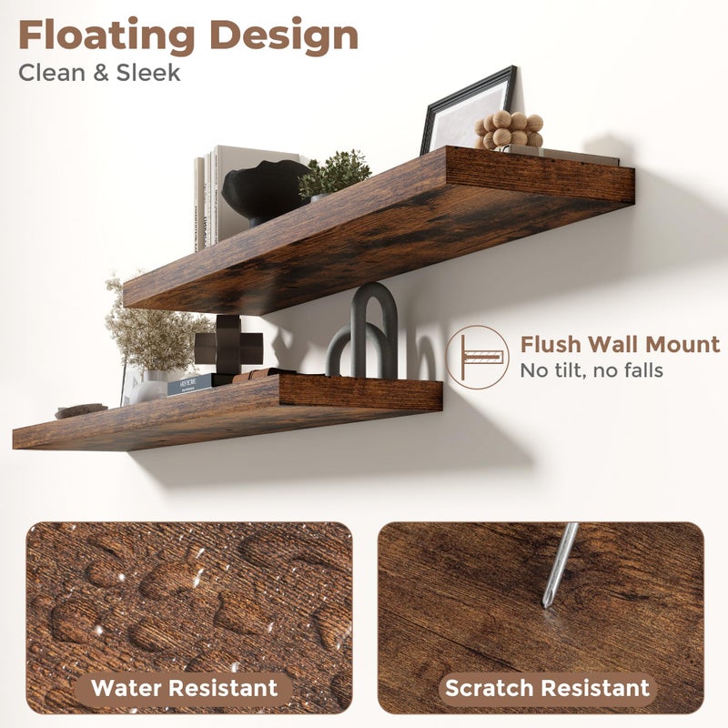 Marsmiles Floating Shelves for Wall with Invisible Brackets, Wall Mounted Engineered Wood Shelves with Wood Grain for Living Room, Bathroom, Kitchen Decor and Storage, Oak, 48"L Set of 2, Rustic Brown - Image 3