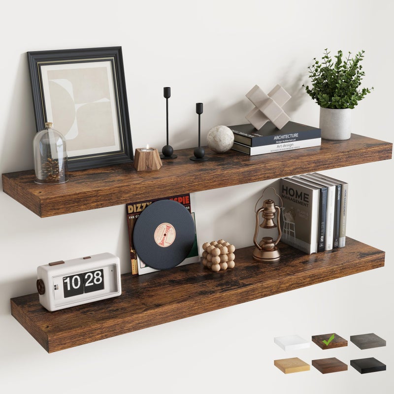 Marsmiles Floating Shelves for Wall with Invisible Brackets, Wall Mounted Engineered Wood Shelves with Wood Grain for Living Room, Bathroom, Kitchen Decor and Storage, Oak, 48"L Set of 2, Rustic Brown - Image 1