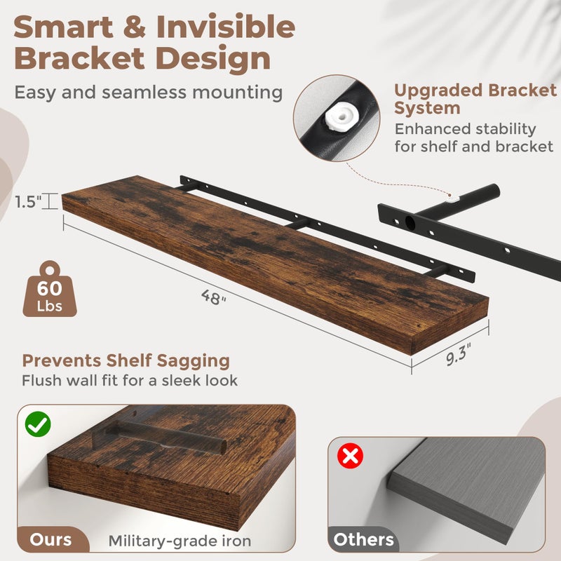 Marsmiles Floating Shelves for Wall with Invisible Brackets, Wall Mounted Engineered Wood Shelves with Wood Grain for Living Room, Bathroom, Kitchen Decor and Storage, Oak, 48"L Set of 2, Rustic Brown - Image 4
