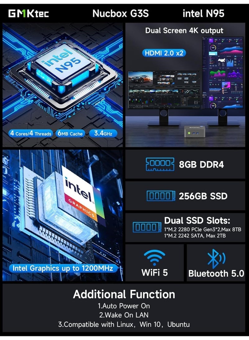 GMKtec G3S Mini PC Intel N95 Processor Up to 3.4GHz, 8GB RAM 256GB M.2 SSD Mini Desktop Computer for Office, Business, Home & HTPC, Dual 4K Display, WiFi 5, Gigabit Ethernet, VESA Mount black - Image 2