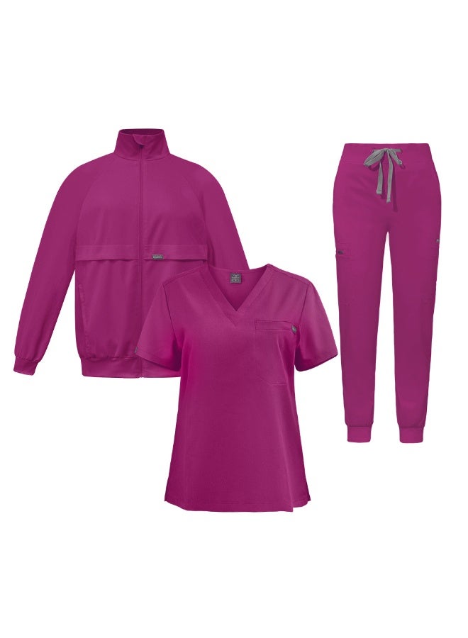 NIBEMINENT Female Loose Comfy V-neck Short Sleeved Top and Trousers and Coat Three Piece Workwear Solid Fall Winter Nurse Caring Clothes - Image 1