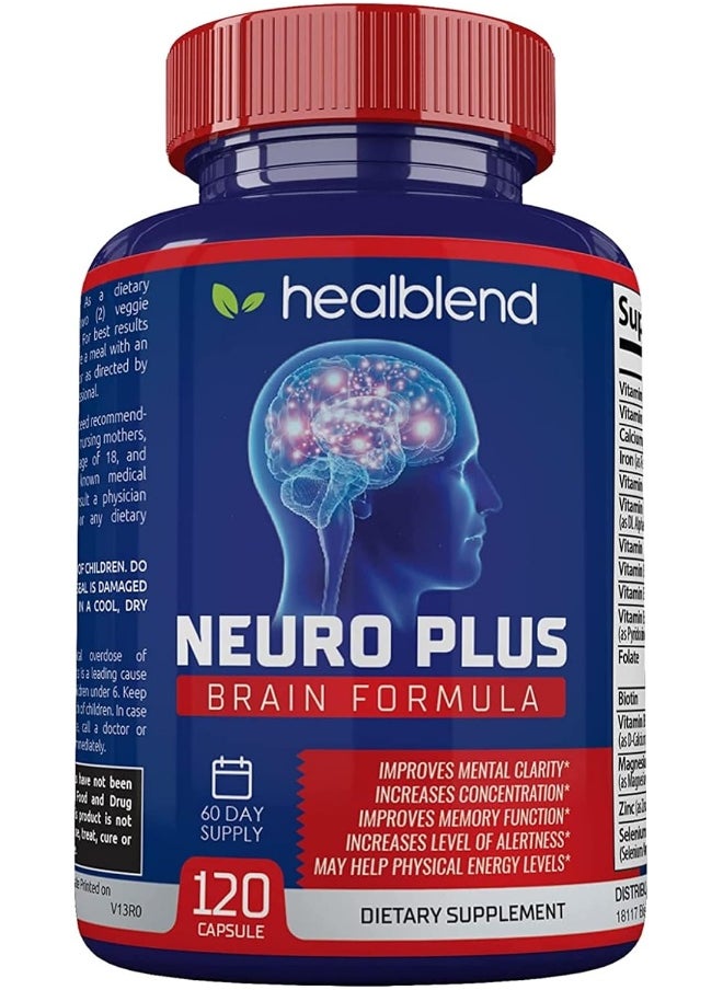 healblend Neuro Plus Brain & Focus Formula - Brain Booster Supplement, Supports Mental Clarity & Focus - Enhances Concentration & Mental Energy – 120 Capsules  - Image 1