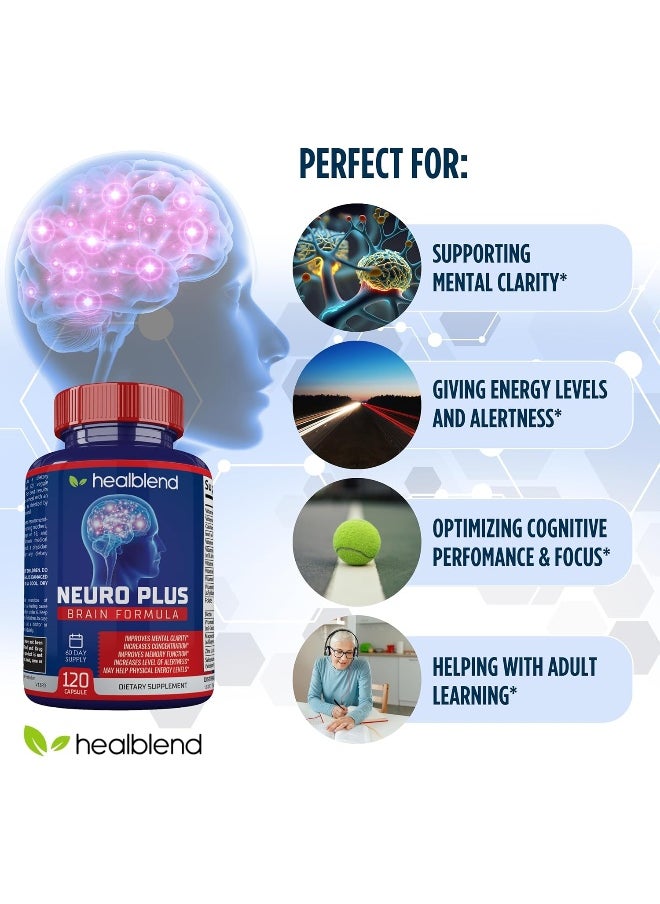 healblend Neuro Plus Brain & Focus Formula - Brain Booster Supplement, Supports Mental Clarity & Focus - Enhances Concentration & Mental Energy – 120 Capsules  - Image 3