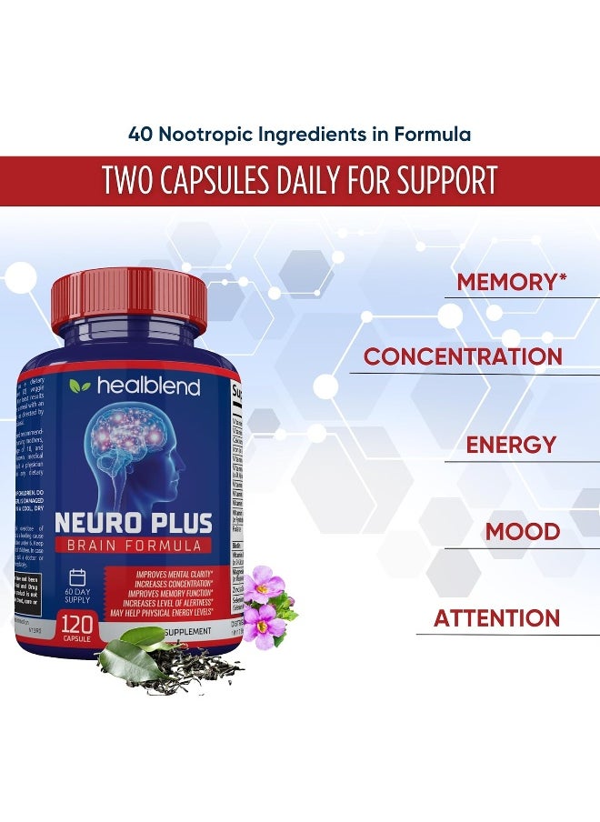 healblend Neuro Plus Brain & Focus Formula - Brain Booster Supplement, Supports Mental Clarity & Focus - Enhances Concentration & Mental Energy – 120 Capsules  - Image 2