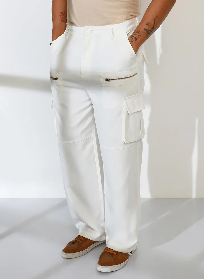 Campus Sutra Men's Chalk White Straight-Fit Utility Trousers