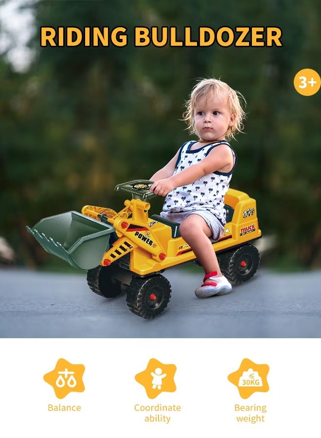 Berma Baby سيارة توازن لعبة الجرافة، مركبة هندسية حفارة، جرار منزلق للعب الأدوار، تصميم آمن للأطفال مضاد للانزلاق ومضاد للسقوط، دلو دفع، لعبة ركوب محمل أمامي كبير (أصفر) - Image 1