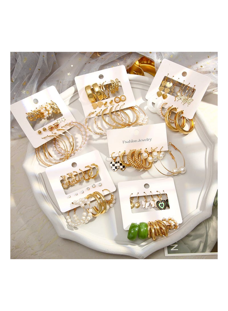 SYOSI 44 Pairs Gold Hoop Earrings Set for Women, Fashionable Dangle Heart Earrings Statement Pearl Earrings Collection Hypoallergenic Chunky Hoops Set Elegant Gold Earring Set for Birthday Party Gift - Image 5