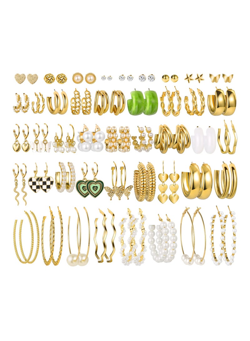 SYOSI 44 Pairs Gold Hoop Earrings Set for Women, Fashionable Dangle Heart Earrings Statement Pearl Earrings Collection Hypoallergenic Chunky Hoops Set Elegant Gold Earring Set for Birthday Party Gift - Image 1