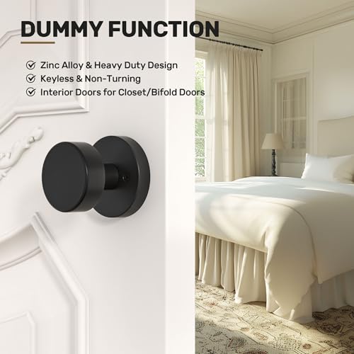 naubea 2 Pack Matte Black Dummy Door Knob Interior, Black Door Knobs for Bifold and Closet Doors, Heavy Duty Round Modern Door Handle - Image 4