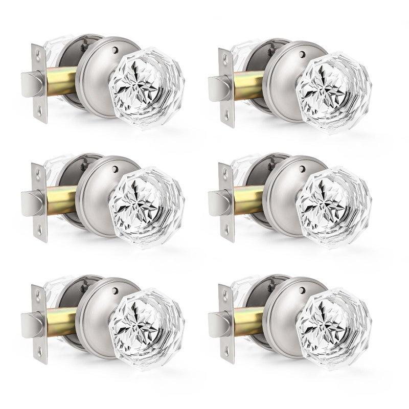 Orger 6 Pack Privacy Door Knobs Clear Glass Door Handles with Satin Nickel Finish Crystal Interior Door Handles for BedBathroom Zinc Alloy Round Rosette