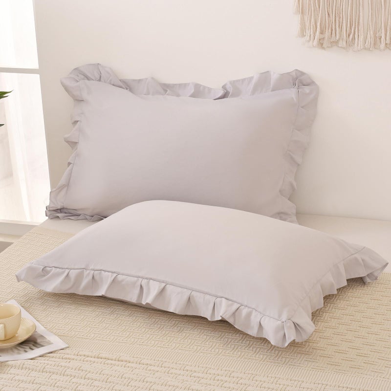 Merryword Beige Gray Pillow Shams Cute Ruffle Standard Pillowcases Solid Pillow Cover Set of 2 Shabby Chic Soft Light Gray Pillowcases 2 Pack (Queen (20''x30'')  Beige Gray) - Image 1