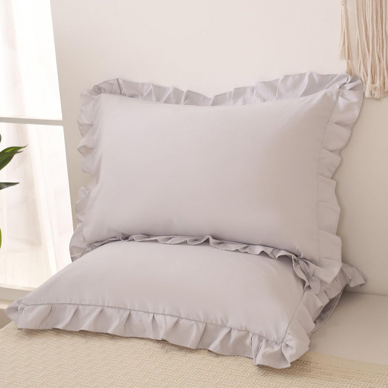 Merryword Beige Gray Pillow Shams Cute Ruffle Standard Pillowcases Solid Pillow Cover Set of 2 Shabby Chic Soft Light Gray Pillowcases 2 Pack (Queen (20''x30'')  Beige Gray) - Image 5