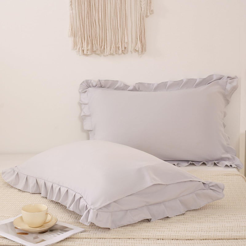 Merryword Beige Gray Pillow Shams Cute Ruffle Standard Pillowcases Solid Pillow Cover Set of 2 Shabby Chic Soft Light Gray Pillowcases 2 Pack (Queen (20''x30'')  Beige Gray) - Image 4