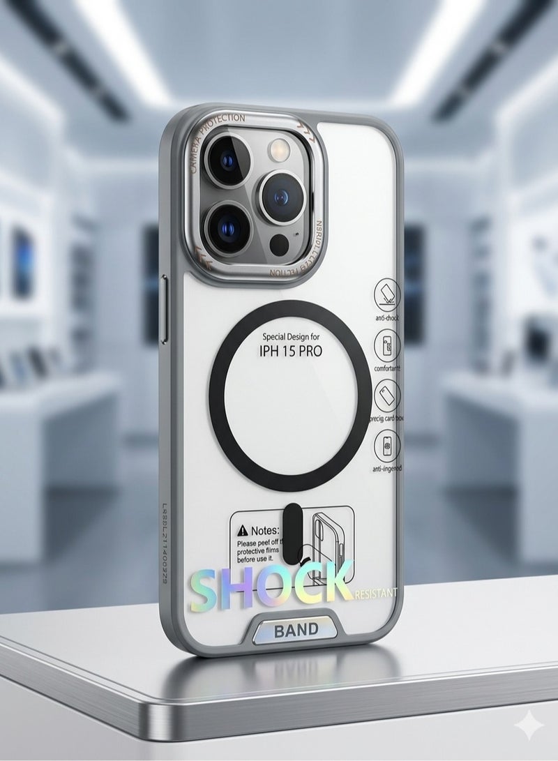 أتش أم سي جراب مقاوم للصدمات متوافق مع MagSafe لهاتف iPhone 15 Pro - بلمسة نهائية شفافة غير لامعة - Image 1