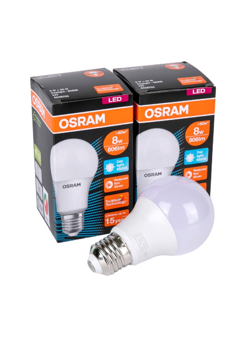 Osram 8W LED Bulb, 2 pcs, Day Light, LVCLA60 E27