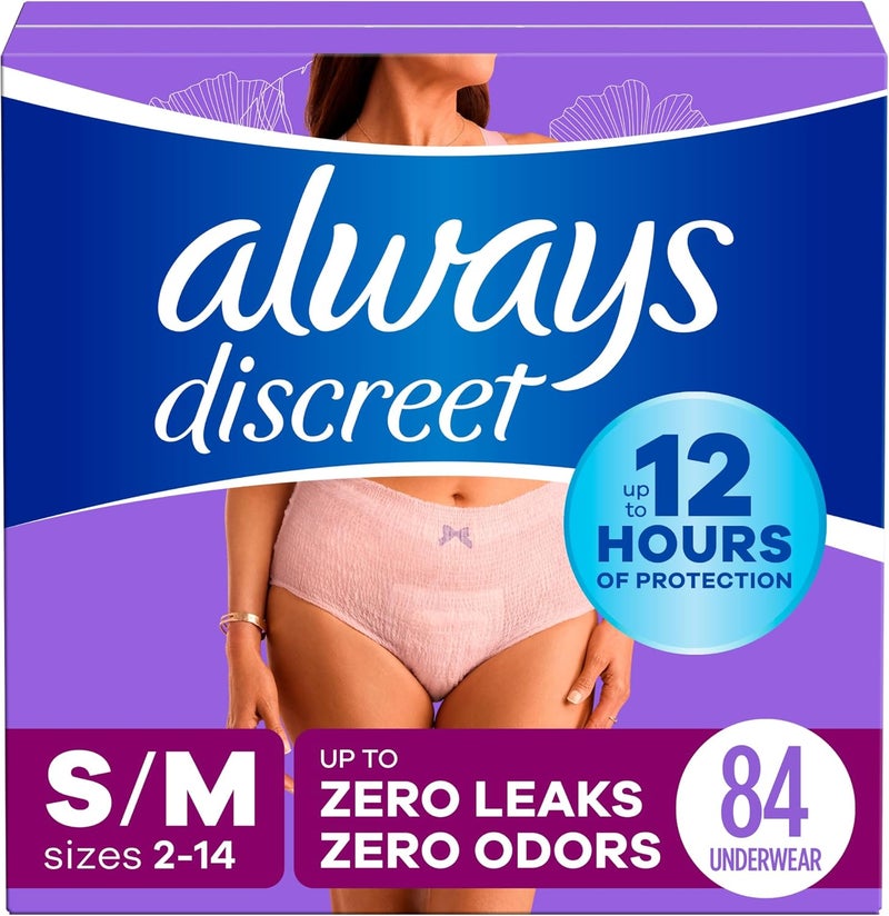Always Discreet Adult Incontinence Underwear for Women and Postpartum Underwear, S/M, Up to 100%* Bladder Leak Protection, 84 CT,