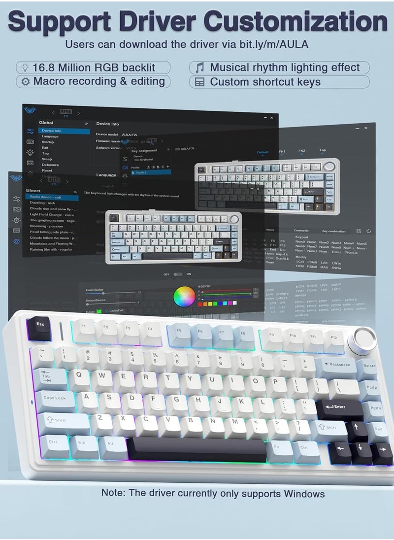 AULA F75 75% Gaming Keyboard,Wireless Mechanical Keyboard, Hot Swappable Creamy Keyboard, Pre-lubed Greywood Switches RGB Backlit Gaming Keyboards, 3Modes (2.4GHz/Type-C/BT5.0)White/Blue  - Image 2