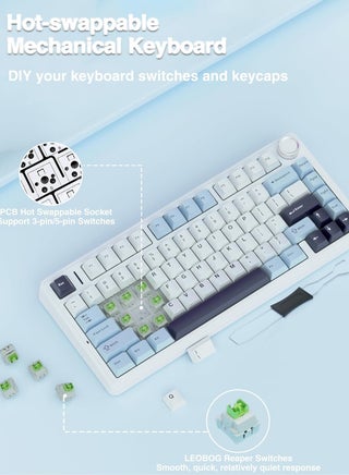 F75 75% Gaming Keyboard,Wireless Mechanical Keyboard, Hot Swappable Creamy Keyboard, Pre-lubed Greywood Switches RGB Backlit Gaming Keyboards, 3Modes (2.4GHz/Type-C/BT5.0)White/Blue - view 3
