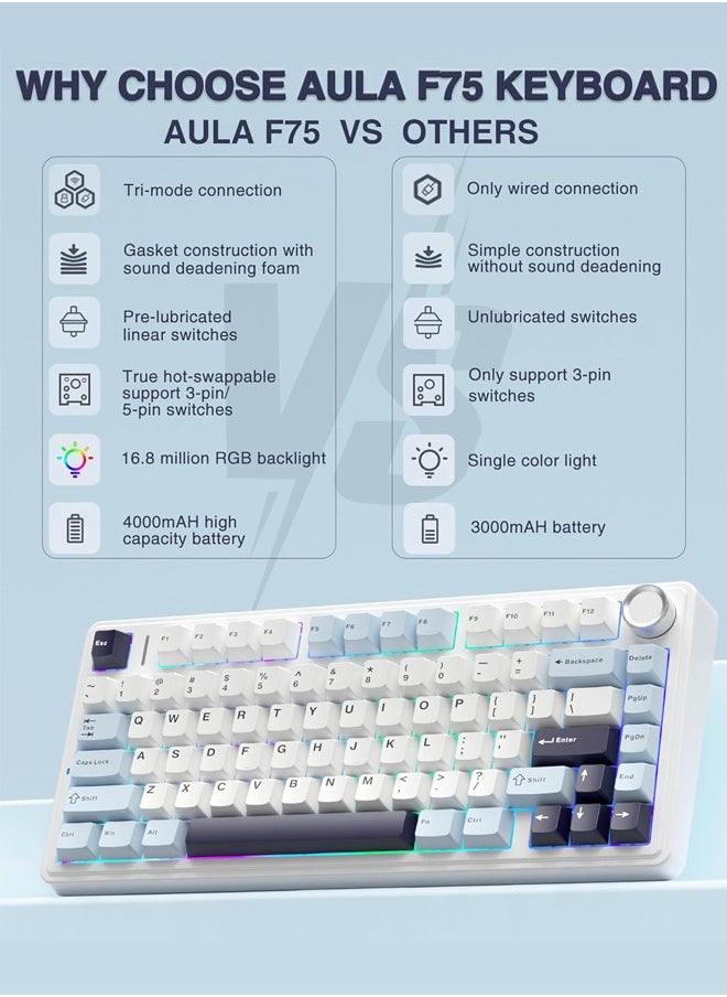 F75 75% Gaming Keyboard,Wireless Mechanical Keyboard, Hot Swappable Creamy Keyboard, Pre-lubed Greywood Switches RGB Backlit Gaming Keyboards, 3Modes (2.4GHz/Type-C/BT5.0)White/Blue