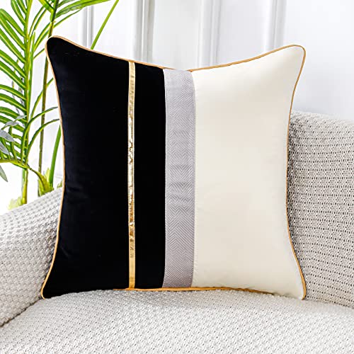 PANOD Patchwork Black SilkLike Velvet Throw Pillow Cover with Gold Striped Leather Cushion Case Modern Luxury Square Pillowcase for Sofa Couch Bedroom Living Room Home20x20 inch