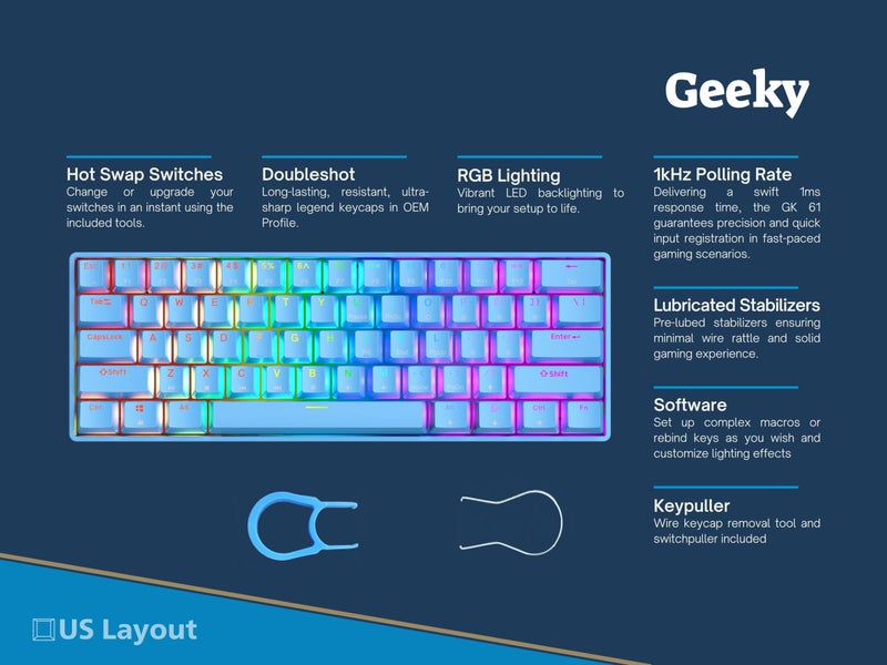 Geeky GK61 60% | Hot Swappable Mechanical Gaming Keyboard | 61 Keys Multi Color RGB LED Backlit for PC/Mac Gamer | ANSI US American Layout (Blue, Mechanical Brown) - Image 2