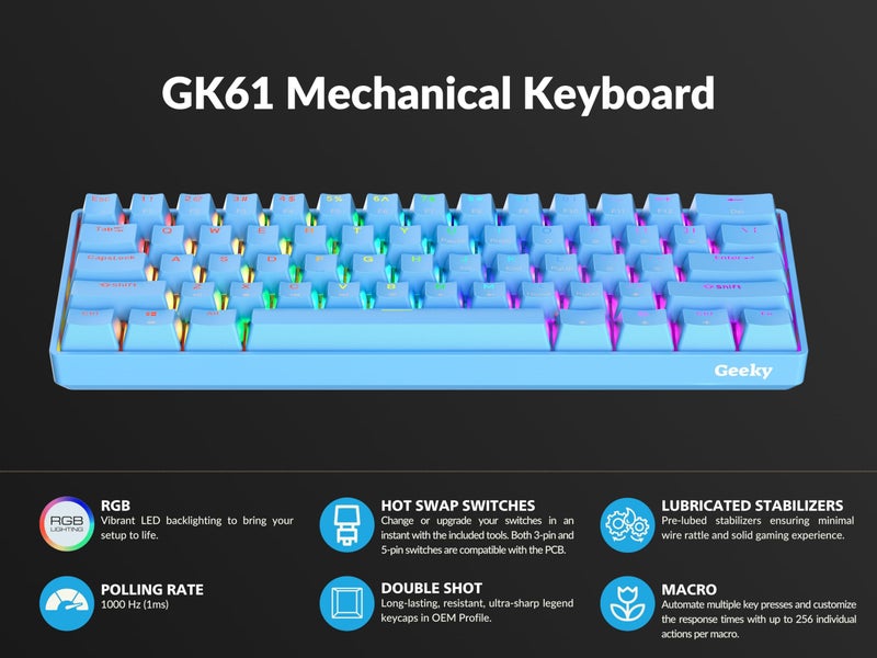 Geeky GK61 60% | Hot Swappable Mechanical Gaming Keyboard | 61 Keys Multi Color RGB LED Backlit for PC/Mac Gamer | ANSI US American Layout (Blue, Mechanical Brown) - Image 5