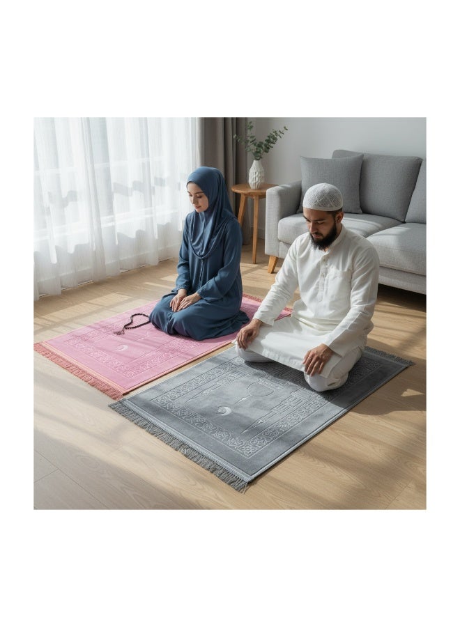 فابينني مجموعة من سجادتي صلاة إسلاميتين مضادتين للانزلاق للزوجين، مقاس 80×120 سم، مريحة وعالية الجودة، هدية للعيد ورمضان والعمرة والحج، لون وردي/رمادي - Image 1