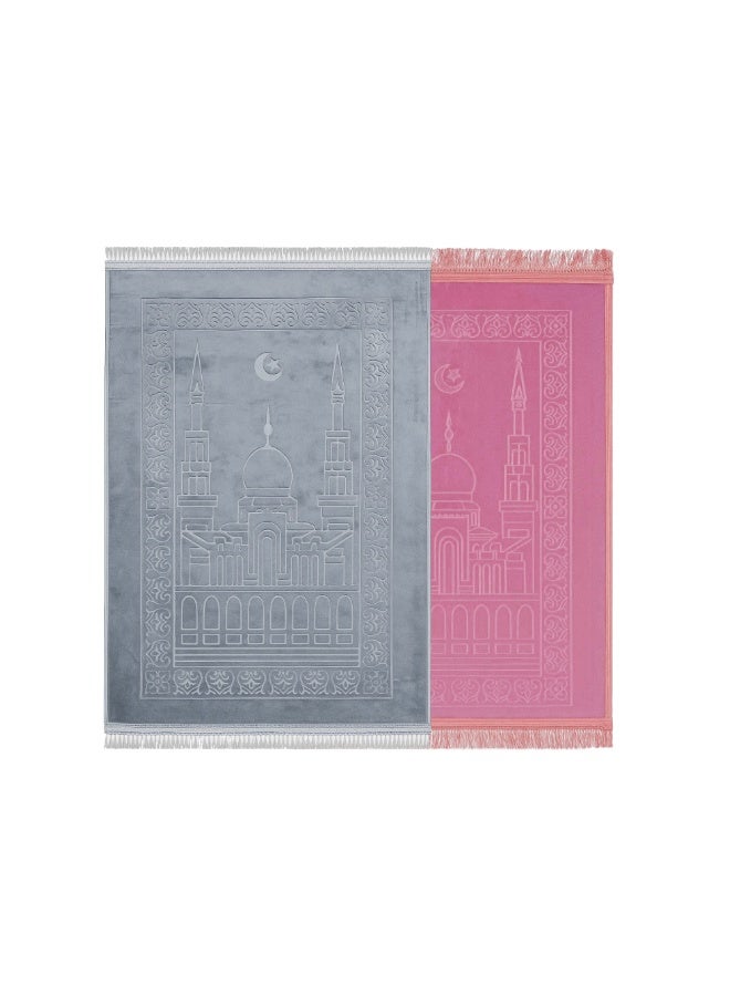 فابينني مجموعة من سجادتي صلاة إسلاميتين مضادتين للانزلاق للزوجين، مقاس 80×120 سم، مريحة وعالية الجودة، هدية للعيد ورمضان والعمرة والحج، لون وردي/رمادي - Image 2