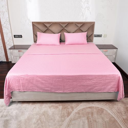 AVI 300 TC Satin Stripe Glace Cotton Flat Double Bedsheet with Two Pillow Cover for Home (Pink. 100x108 inch) - Image 1
