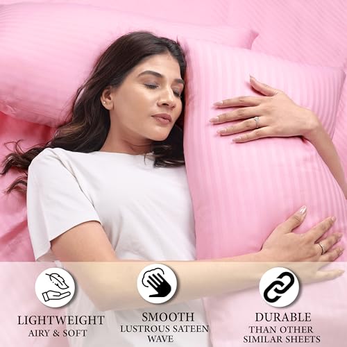 AVI 300 TC Satin Stripe Glace Cotton Flat Double Bedsheet with Two Pillow Cover for Home (Pink. 100x108 inch) - Image 2