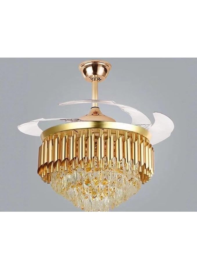 Luxury Crystal Ceiling Fan with Light, Gold Retractable Blades Chandelier Fan, Modern LED Ceiling Fan Light with Remote for Living Room Bedroom Home Decor - Image 1